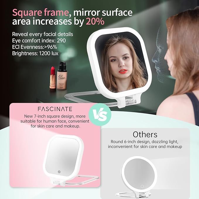 FASCINATE Rechargeable Travel Makeup Mirror 30X Magnification, 7" Lighted Portable Vanity Mirror with 3 Colors Lighting & Stepless Dimming, Double Sided LED Mirror, Gift for Women (White)