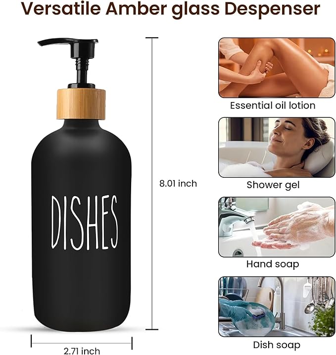 Sunrise Premium 16 OZ Thick Black Glass Soap Dispenser, Bamboo Pump with Tray 2 Pack, Hand and Dish Soap Dispenser Set for Bathroom with 6 Waterproof Labels