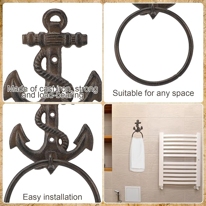 2 Pcs Nautical Towel Ring Cast Iron Anchor Hand Towel Holder Vintage Decorative Wall Mount Kitchen Bathroom Hanger for Ocean Nautical Bathroom Decor Accessories(Rust)