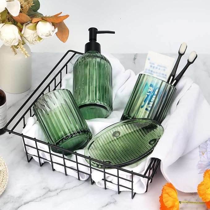 Topsky 4 Pcs Glass Bathroom Accessories Set,13.5oz Liquid Hand Soap Dispenser with Toothbrush Holder,Mouthwash Cup,Soap Dish for Bathroom Countertop,Vertical Stripe Design,Heavy Weight,Army Green