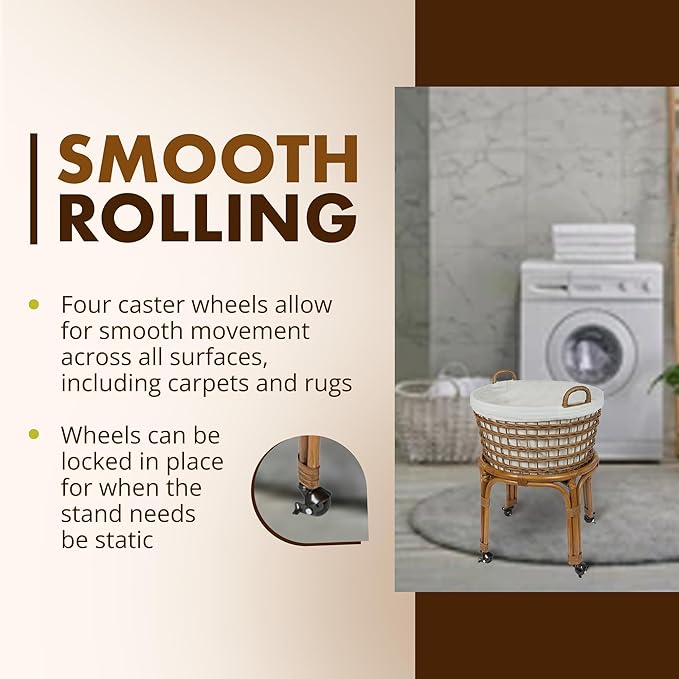 KOUBOO Rolling Wicker Laundry Basket, Handwoven Wicker Hamper with Removable Cotton Liner, Stand, & Locking Caster Wheels, Honey Brown