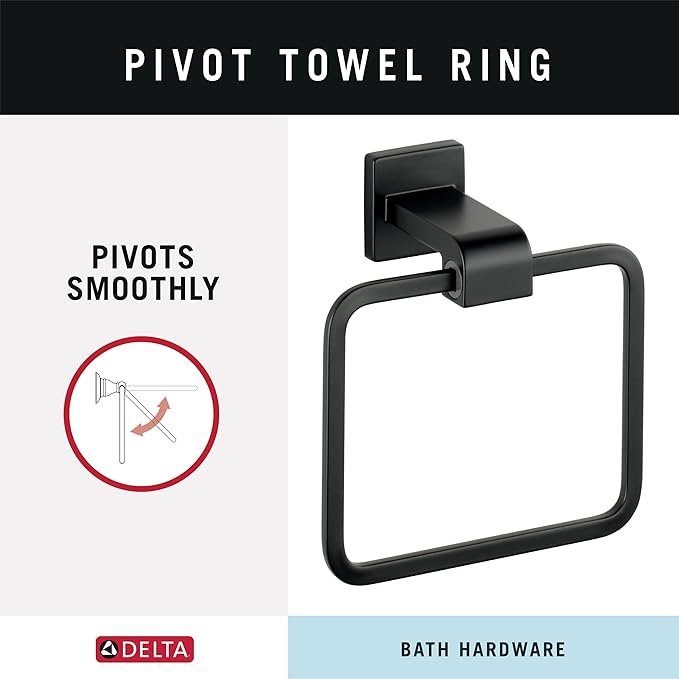 Delta Ara (1-Pack) Hand Towel Holder Matte Black Towel Racks for Bathroom Wall Square Towel Ring Holder for Bath Towel Hanger for Kitchen, Bathroom Accessories 77546-BL
