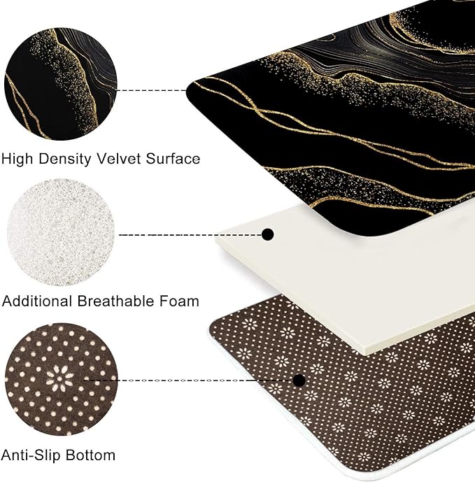 ArtSocket Marble Black Gold Bathroom Set with Shower Curtain and Bath Rugs and Accessories,Agate Golden Stone Non-Slip Shower Curtain Set,Bathroom Decor 3 Pcs
