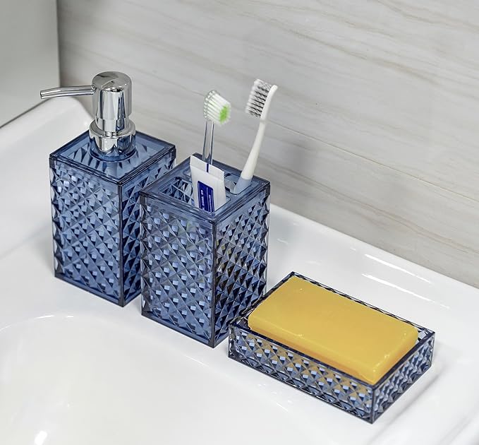 Blue Bathroom Accessories Set, 4 PCS Dark Navy Blue Bathroom Accessories Sets Complete, Diamond Pattern Bathroom Soap Dispenser and Toothbrush Holder Set, Boho Bathroom D??cor and Accessories