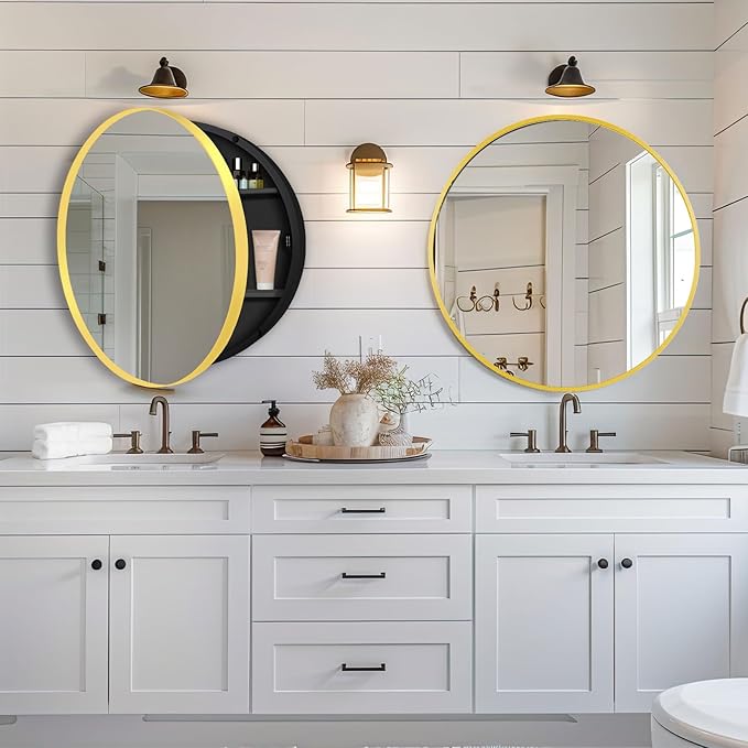 26 Inch Round Medicine Cabinet with Mirror, Gold Bathroom Medicine Cabinet for Wall Metal Framed, Surface Mount Only Circular Storage Cabinet with Vanity Mirror