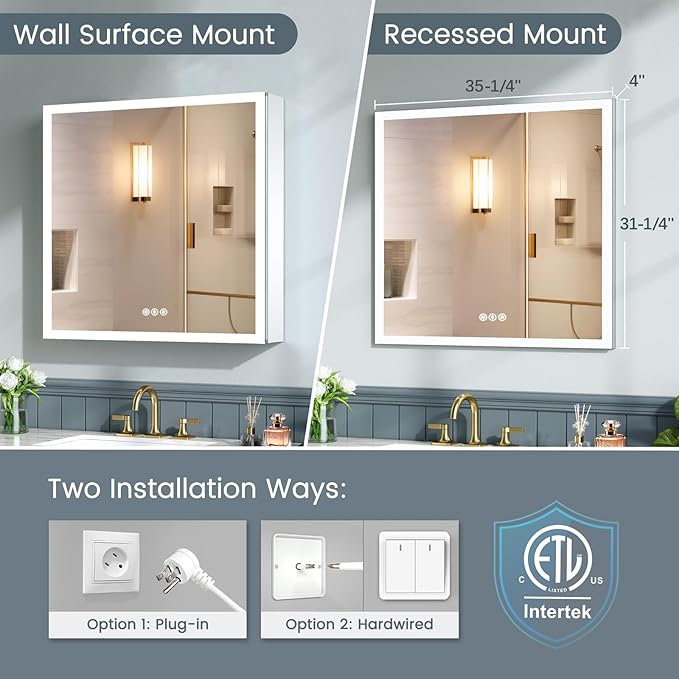36x32 Inch Lighted Medicine Cabinet with Mirror, AL Alloy, Plug-in or Hardwired, Recessed or Wall Mount, Mirror Doors/3 Colors/Dimmable/Interior Sensor Light/Defog, 2 Outlets&USBs,3 Shelves