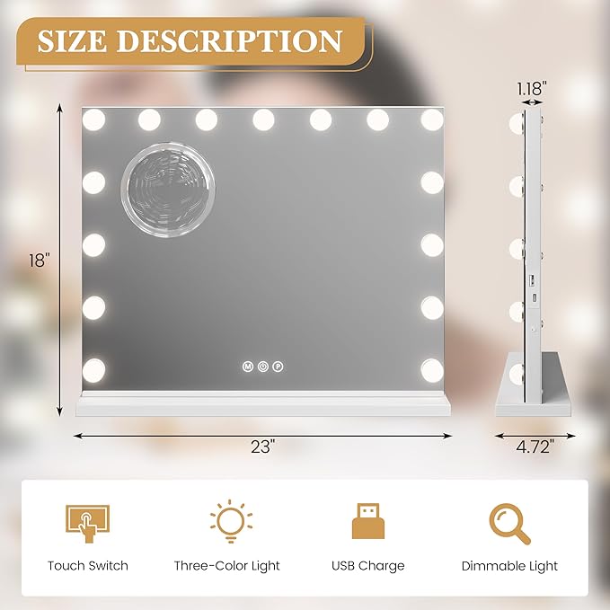 Vanity Mirror with Lights, 23" x 18" Makeup Mirror with Lights, Hollywood Lighted Vanity Mirrors with 15 Dimmable LED Bulbs, 3 Color Modes, Light up Mirror with Touch Control for Bedroom, Tabletop