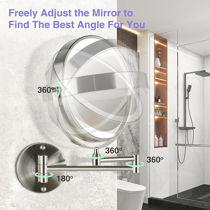 GREENFROM Magnifying Mirror with Lights 1X/20X: 8.5" Double Sided 3000mAh Rechargeable Wall Mounted Lighted Makeup Mirror for Bathroom, Brushed Nickel