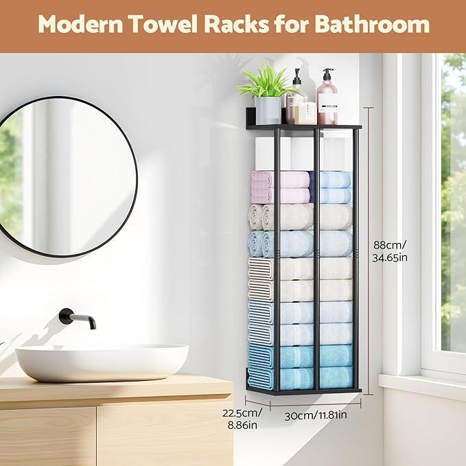 Bathroom Towel Storage, Black Bathroom Towel Holder, Wall Mounted 3 Bar Towels Racks Shelf Towels Organizer for Rolled Towels, Modern Storage Rack Organizer for RV, 34inch