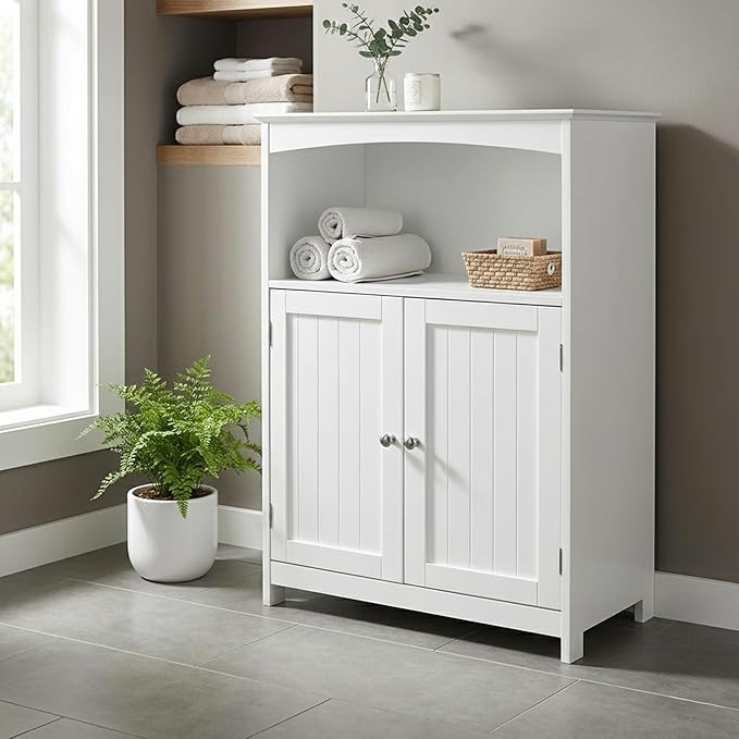Beadboard Double Door Multi Room Freestanding Floor Cabinet, Open Top Shelf With Arched Accent, Adjustable Center Shelf, 25 Inch Width x 12 Inch Depth x 33 Inch Tall, White Semi Gloss Enamel Finish