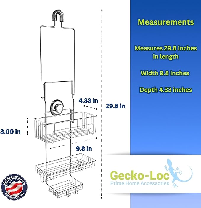 Gecko-Loc SHS-015EXT Extra Long Adjustable Hanging Shower Caddy, Over-the-Showerhead Organizer for Shampoo, Soap, Razors, Rustproof Stainless Steel, Silver