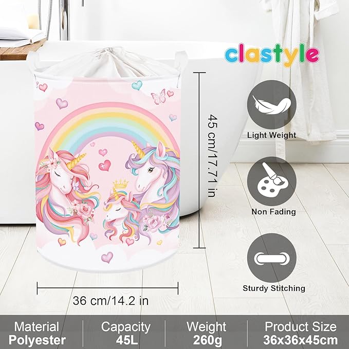 Clastyle 45L Large Pink Unicorn Rainbow Kid Laundry Hamper for Girl Collapsible Heart Butterfly Clothes Toy Nursery Storage Basket with Lid