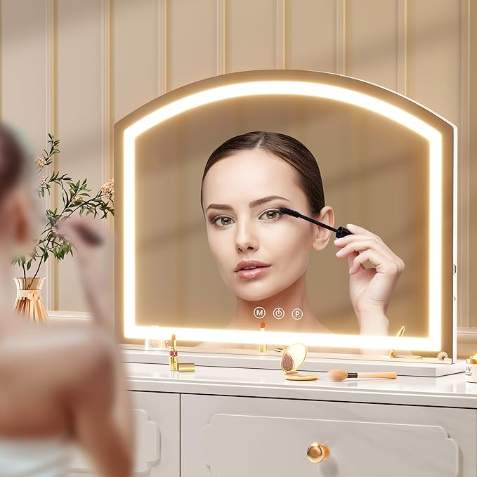Hasipu Arch Vanity Mirror with Light, 24"x20" Arched Led Makeup Mirror with 10X Magnification, Tabletop Desk Mirrors with USB Charging Port, Dimmable 3 Colors Mode
