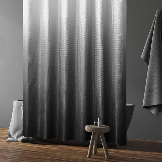 Gibelle Small Stall Shower Curtain 36 x 72, Narrow Half Black Ombre Shower Curtain for Bathroom, Waffle Weave Fabric Shower Curtain Set with Hooks, Water Repellent, Machine Washable