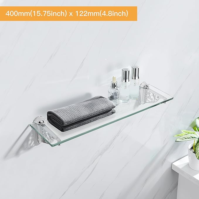 khtumeware 20 Inches Glass Shelves for Bathroom, Polished Chrome Floating Glass Shelf Zinc Tempered Glass Bathroom Shelves for Wall Mount Modern