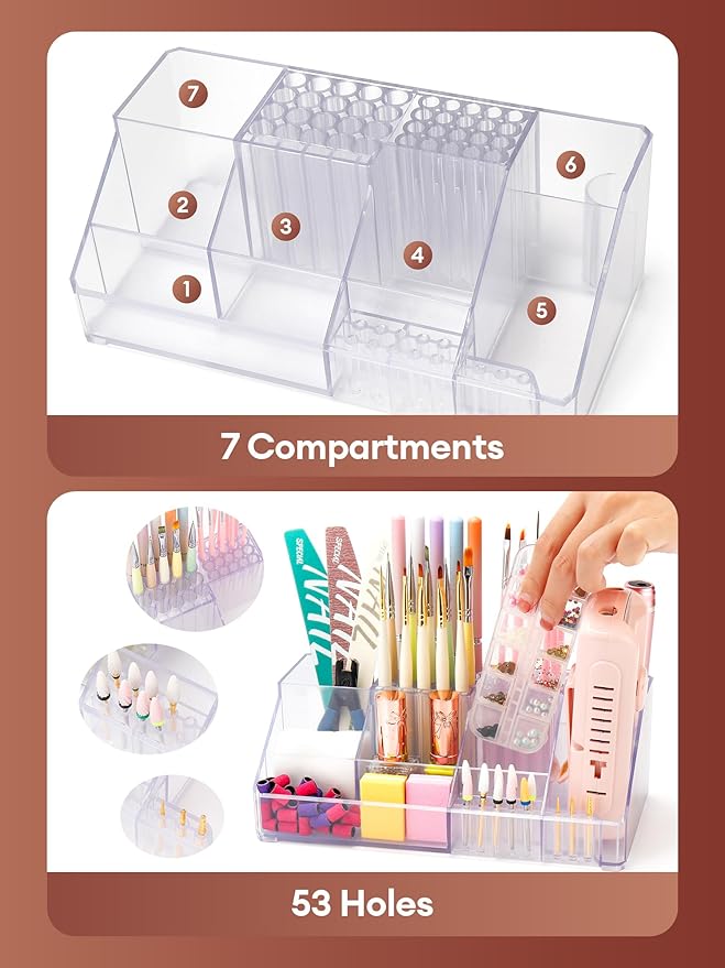 LIARTY Nail Drill Holder: Acrylic Nail Drill Bits Holder Makeup Organizer Case for Brush - Beauty Cosmetic Storage Box for Dresser Countertop and Bathroom Vanity
