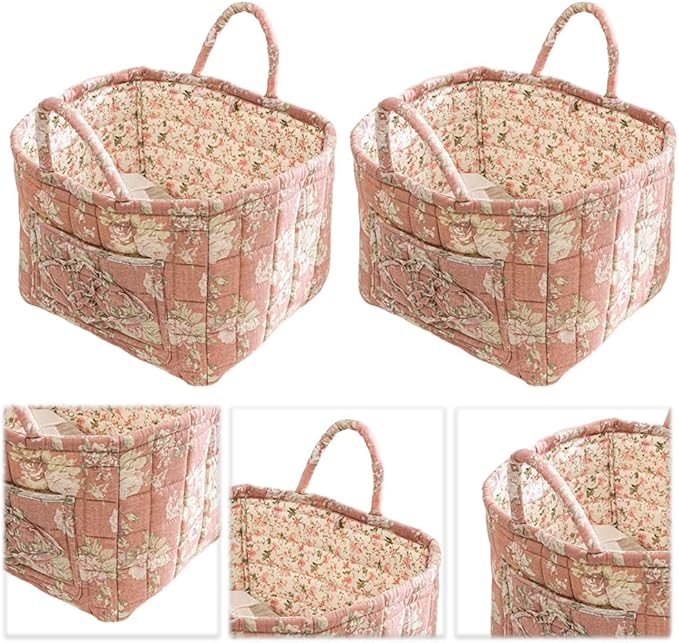 Quilted Fabric Storage Basket Boho Floral Laundry Hamper with Handle Foldable Floral Basket Organizer for Car Bedroom