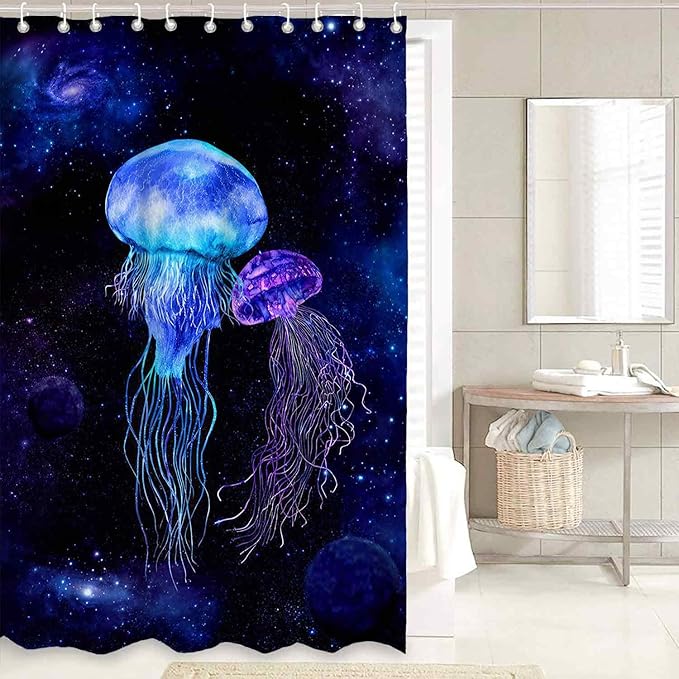4 Pcs Jellyfish in Starry Galaxy Shower Curtain Sets, Fantasy Jellyfish Shower Curtains Waterproof Polyester Fabric, Fabric Universe Outer Space Theme Bathroom Decor with 12 Hooks, 72" x 72"