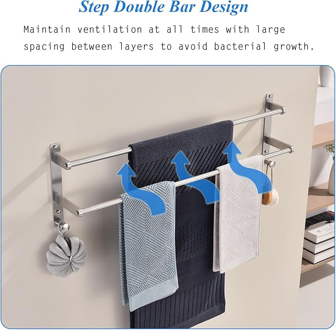 30-Inch Double Towel Rack with Hooks - Brushed Stainless Steel Long Towel Hanger, Wall Mounted Towel Bar for Bathroom