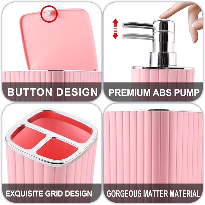 XLHOMO Pink Bathroom Accessories Set - Gorgeous Bathroom Set, 10PC Bathroom Accessory Set, Toilet Brush, Trash Can, Qtip Holder & Soap Dispenser