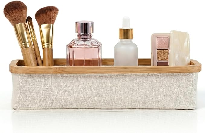 WOOHA Bamboo Makeup Organizer for Vanity - Fabric Cosmetic Storage Bin for Bathroom Countertop, Slim Skincare Organizer for Perfume, Lotions & Beauty Brushes, Foldable Storage Container (Beige, Small)