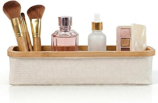 WOOHA Bamboo Makeup Organizer for Vanity - Fabric Cosmetic Storage Bin for Bathroom Countertop, Slim Skincare Organizer for Perfume, Lotions & Beauty Brushes, Foldable Storage Container (Beige, Small)