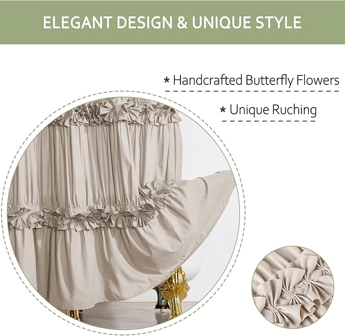 Camel Ruffle Shower Curtain, Vintage Handcrafted Bow Tie Bath Curtain for Master Bathroom, Ruched Microfiber Bathroom Curtain with 12 Buttonholes, 72" W x 84" H (LQ-10)