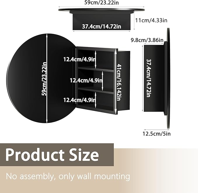 Black Medicine Cabinet Mirror, Wall Mounted Bathroom Vanity with Mirror, 23.2" Round Bathroom Medicine Cabinet with Storage Function, Removable Shelves, Metal, NO Assembly