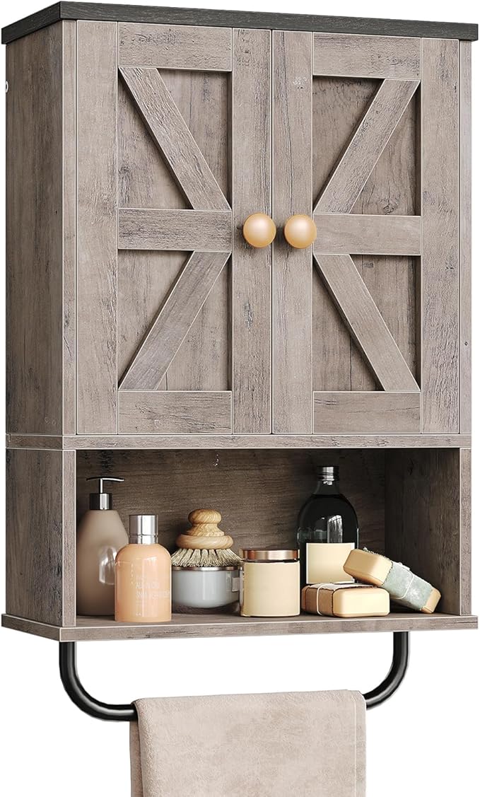CHOEZON Bathroom Wall Cabinet, Medicine Cabinet with Open Partition and Towel Bar, Rustic Storage Cabinet with Open and Hidden Storage Space, for Bathroom, Living Room, Greige and Charcoal Black
