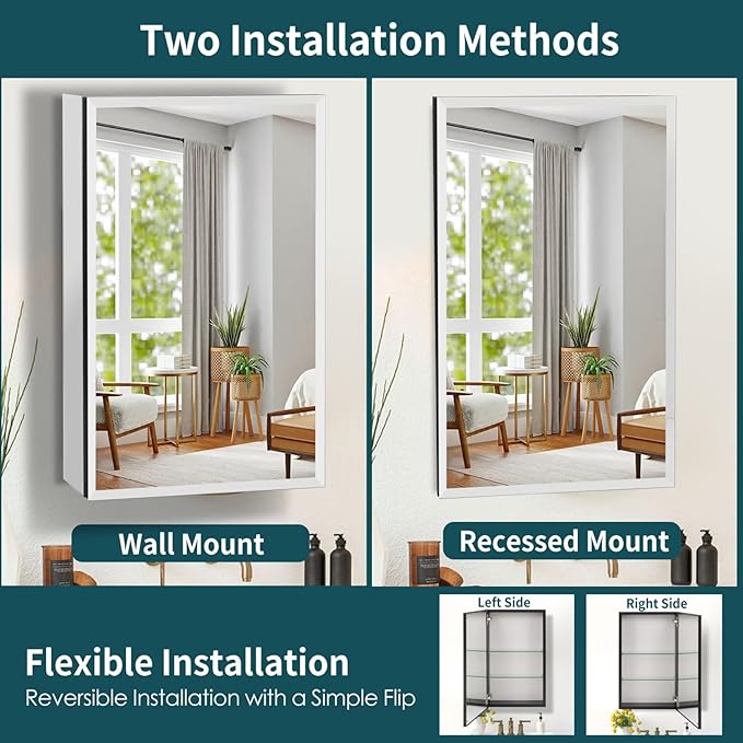 Movo 15 Inch x 24 Inch Medicine Cabinet with Mirror,Black Aluminum Framless Bathroom Mirror Recessed or Surface Mount Medicine Cabinet for Bathroom with Adjustable Shelves