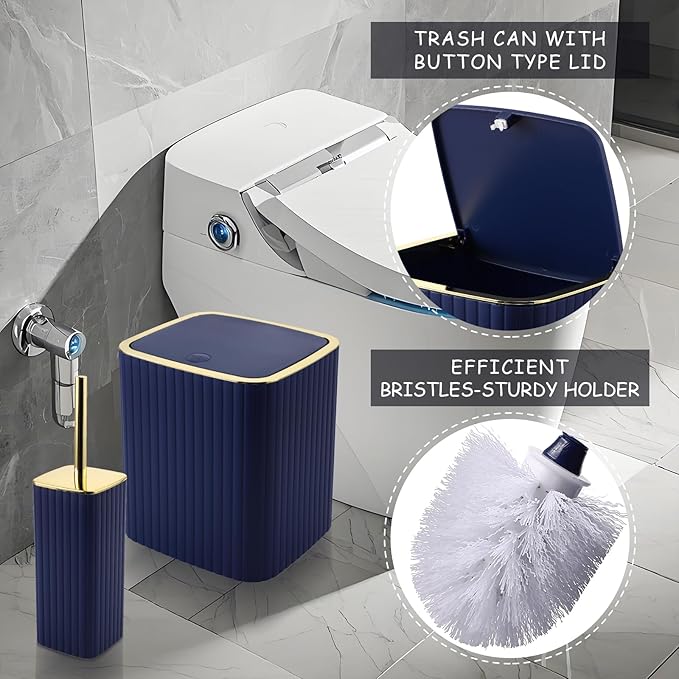 XLHOMO Bathroom Set with Shower Curtain and Rugs- 25PC Blue Bathroom Accessory Set, Navy Blue Shower Curtain Set, Toilet Brush, Trash Can, Qtip Holder & Soap Dispenser