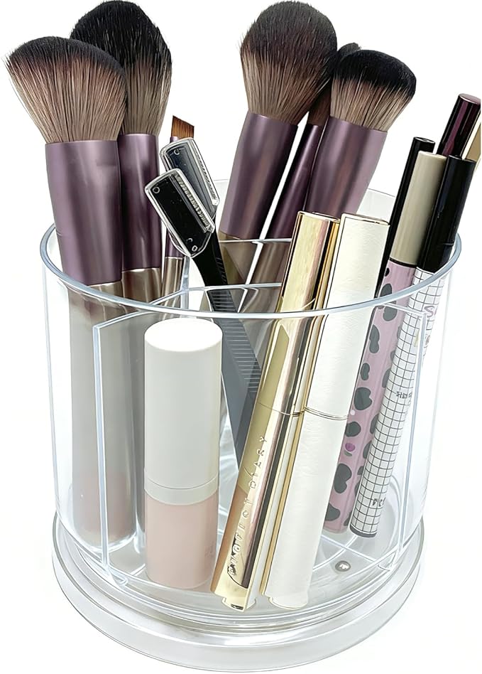 Makeup Brush Holder 360 Rotating Makeup Brushes Organizer for Vanity, 5 Slots Makeup Organizers & Storage, Multi-Functional Pencil Pen Holder for Desk, Cosmetic Storage Container Cup (Clear)