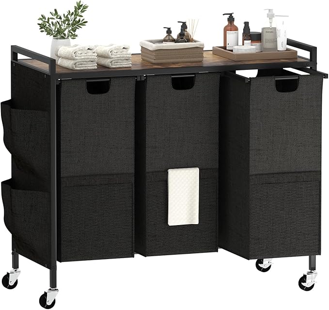 Huhote Laundry Hamper, Laundry Basket, Laundry Sorter with Top Shelf & 3 Removable Washable Bags & Side Pockets for Laundry Room organization, Bathroom and Dorm, Rustic Brown and Black