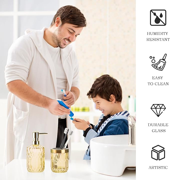 Glass Bathroom Accessories Set, 2PCS Clear Glass Bathroom Accessory, Toothbrush Holder and Soap Dispenser Set for Modern Bathroom Decor(Clear Gold)