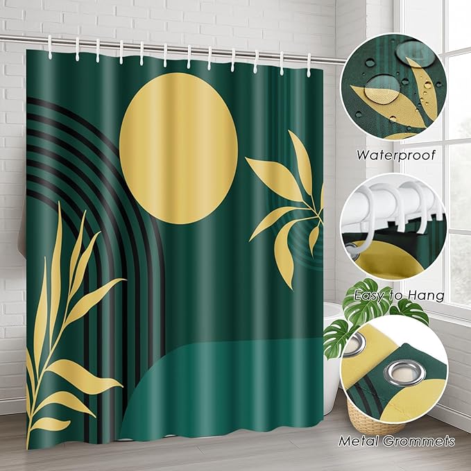 Boho Mid Century Shower Curtain Set with Toilet Lid Cover and Non-Slip Rugs, Abstract Geometric Dark Green 4 Pcs Modern Minimalist Shower Curtain for Bathroom Set with 12 Hooks