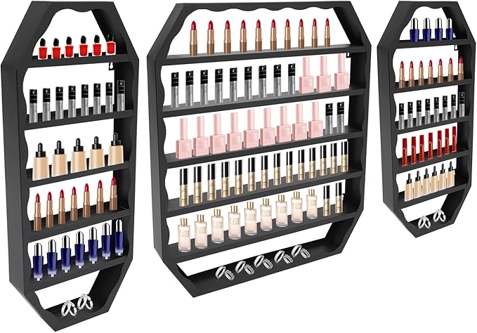 3pcs Wall-Mounted Nail Polish Storage Racks, Multi-Tiers Metal Display Racks With Middle Rack & 2 Side Racks,Metal Essential Oil Organizer Storage Racks For Homes, Nail Salons, Spas,Stores(Black)