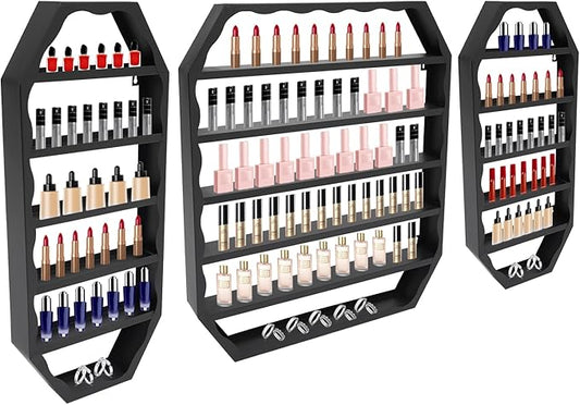 3pcs Wall-Mounted Nail Polish Storage Racks, Multi-Tiers Metal Display Racks With Middle Rack & 2 Side Racks,Metal Essential Oil Organizer Storage Racks For Homes, Nail Salons, Spas,Stores(Black)