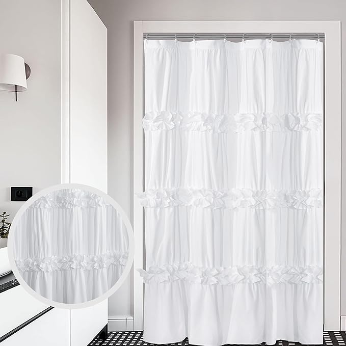 Ruffle Stall Shower Curtain, Vintage Handcrafted Bow Tie Bath Curtain for Master Bathroom, Ruched Microfiber Bathroom Curtain with 8 Buttonholes, 48" W x 72" H, White (LQ-10)