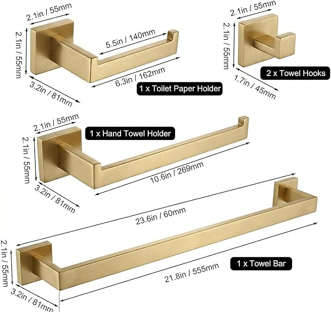 Brushed Gold Bathroom Accessories Set 5-Piece, Towel Bar & Towel Racks for Bathroom, The Manhattan Collection - Heavy Duty SUS304 Stainless Steel Hardware & Decor