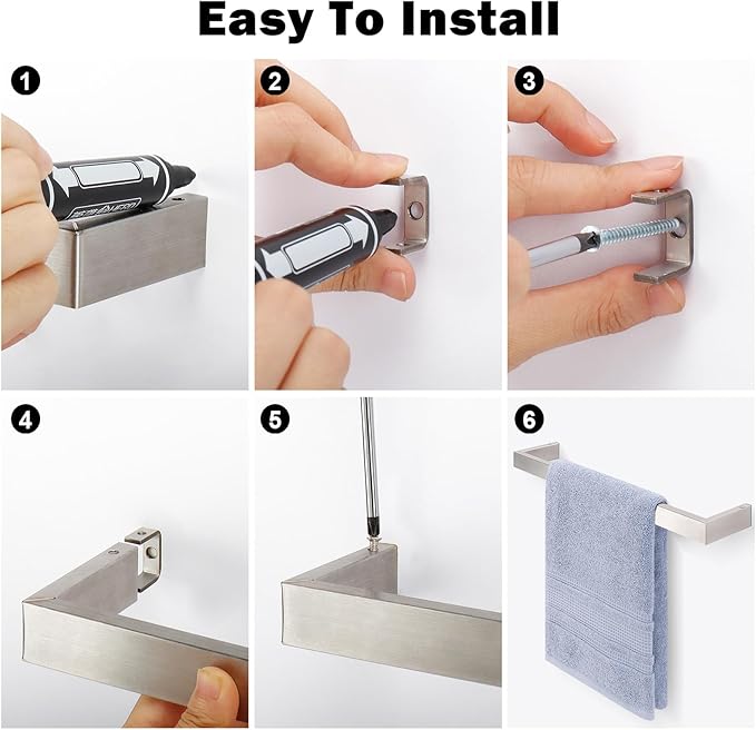 Livabber Square Bath Towel Bar, 304 Stainless Steel Towel Rack, Heavy Duty Towel Holder Wall Mounted for Bathroom Accessories, Kitchen, Brushed Nickel (12 Inch)