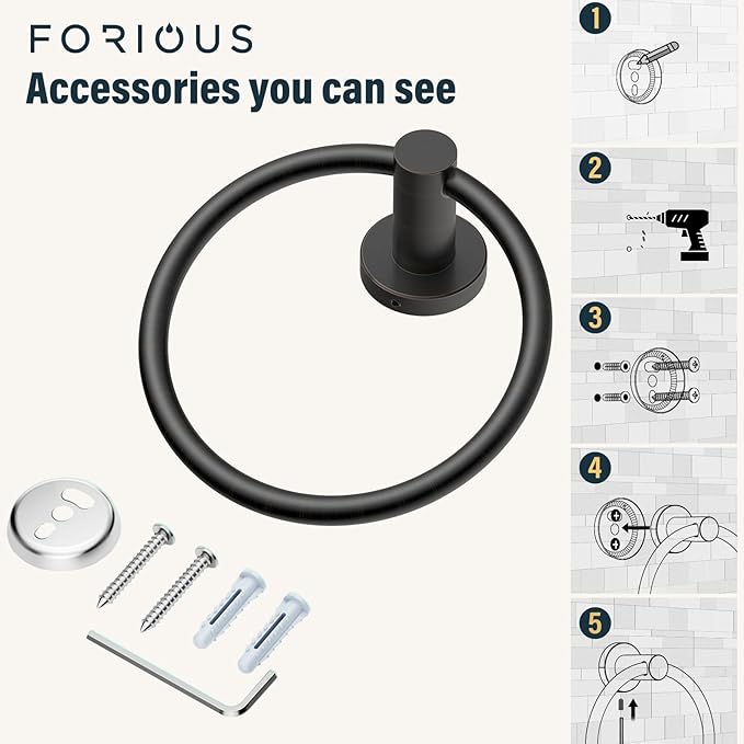 FORIOUS Towel Ring, SUS304 Stainless Steel Modern Hand Towel Holder Rack Hanger Round for Bathroom Wall Mounted, Ideal for Bath, Kitchen, RV, Oil Rubbed Bronze