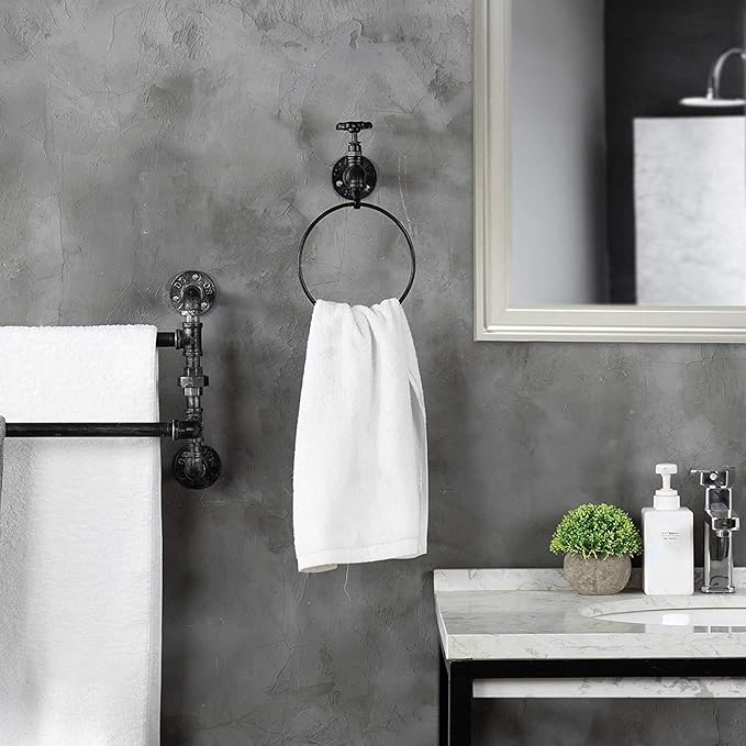 MyGift Hand Towel Holder Ring, Bath Towel Hanging Rack Wall Mounted, Industrial Bathroom Accessories, Farmhouse Decor, Faucet Pipe Metal Black