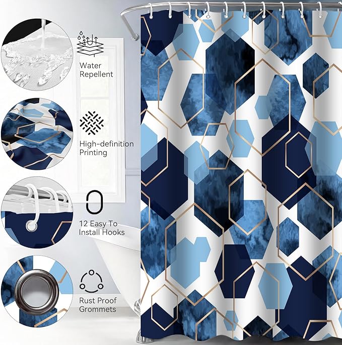 Muuyi 4Pcs Navy Blue Geometric Shower Curtain Set, Neutral Modern Art Deco Shower Curtain with Hooks, Elegant Trendy Simple Bathroom Sets with Shower Curtain and Rugs, 71 * 71in
