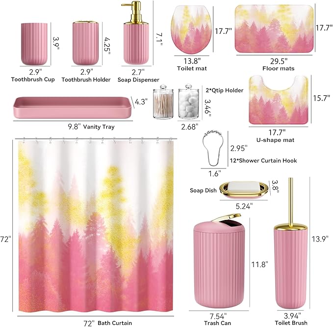 Pink and Gold Bathroom Accessories, Bathroom Sets with Shower Curtain and Rugs, Bath Rugs Accessory Set with Bathroom Trash Can, Soap Dispenser, Soap Dish for Home Decor
