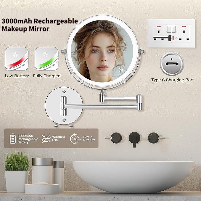 8.5" Wall Mounted Lighted Makeup Mirror, 3000 mAh Rechargeable Double-Sided 1X 10X Magnifying Mirror, 3 Color Lighting, Touch Screen Dimming, Extended Arm 360 Rotation Shaving Bathroom Mirror