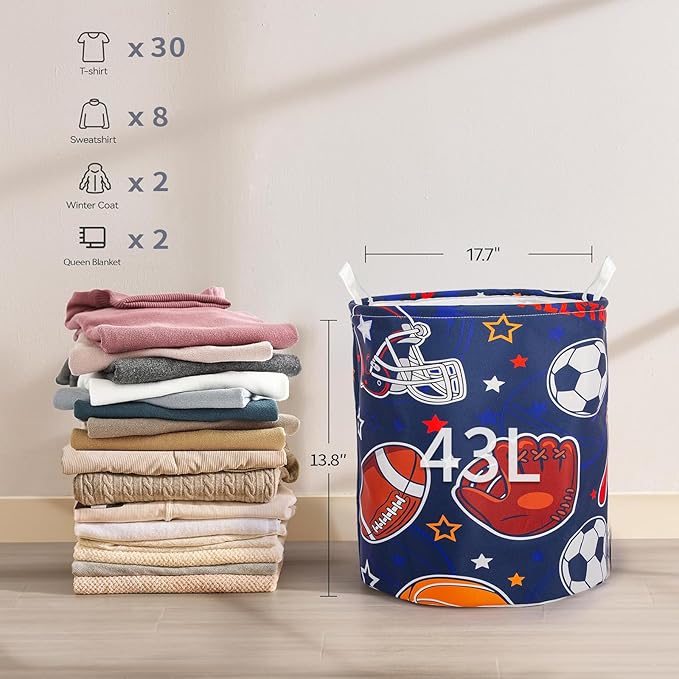 Laundry Basket Foldable With Handles Tote Bag Waterproof Oxford Cloth Funny Laundry Hamper Clothes Storage Bucket Toy Organizer 43L For Bathroom/Laundry/Bedroom (Sports, 43L)