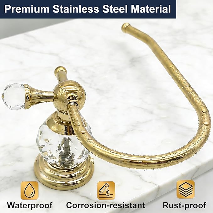 Gold Toilet Paper Holder with Crystal, Polished Gold Tissue Roll Holder Bathroom Wall Mounted, Rust-Resistant Hand Towel Holder
