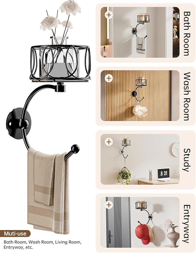 Hand Towel Holder for Bathroom, Towel Hooks for Bathroom with Candle Holder, Wall Mounted Towel Hook for Hanging, Rustic Wall Towel Ring, Towel Racks for Bathroom Decor and Accessories, Black