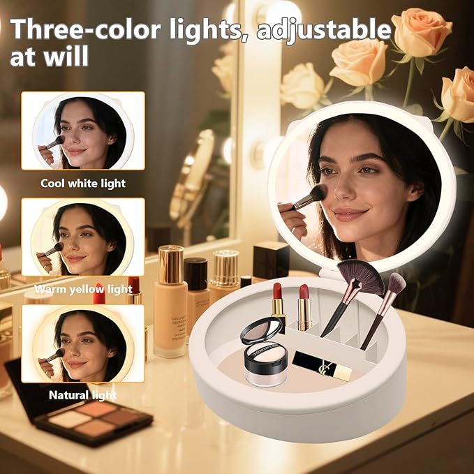 LED Makeup Mirror with Storage, 10X /1X Magnifying Vanity Mirror with 3 Types of Light, 66 LED Vanity Mirror with Lights,3-in-1 Deskop Storage Mirror,Travel Makep Mirror (White)