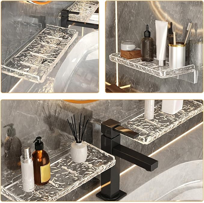 2pcs Floating Wall Storage Shelf Bathroom Organizer No Drilling Transparent Water Ripple Design Space-Saving Toiletries Rack for Kitchen and Living